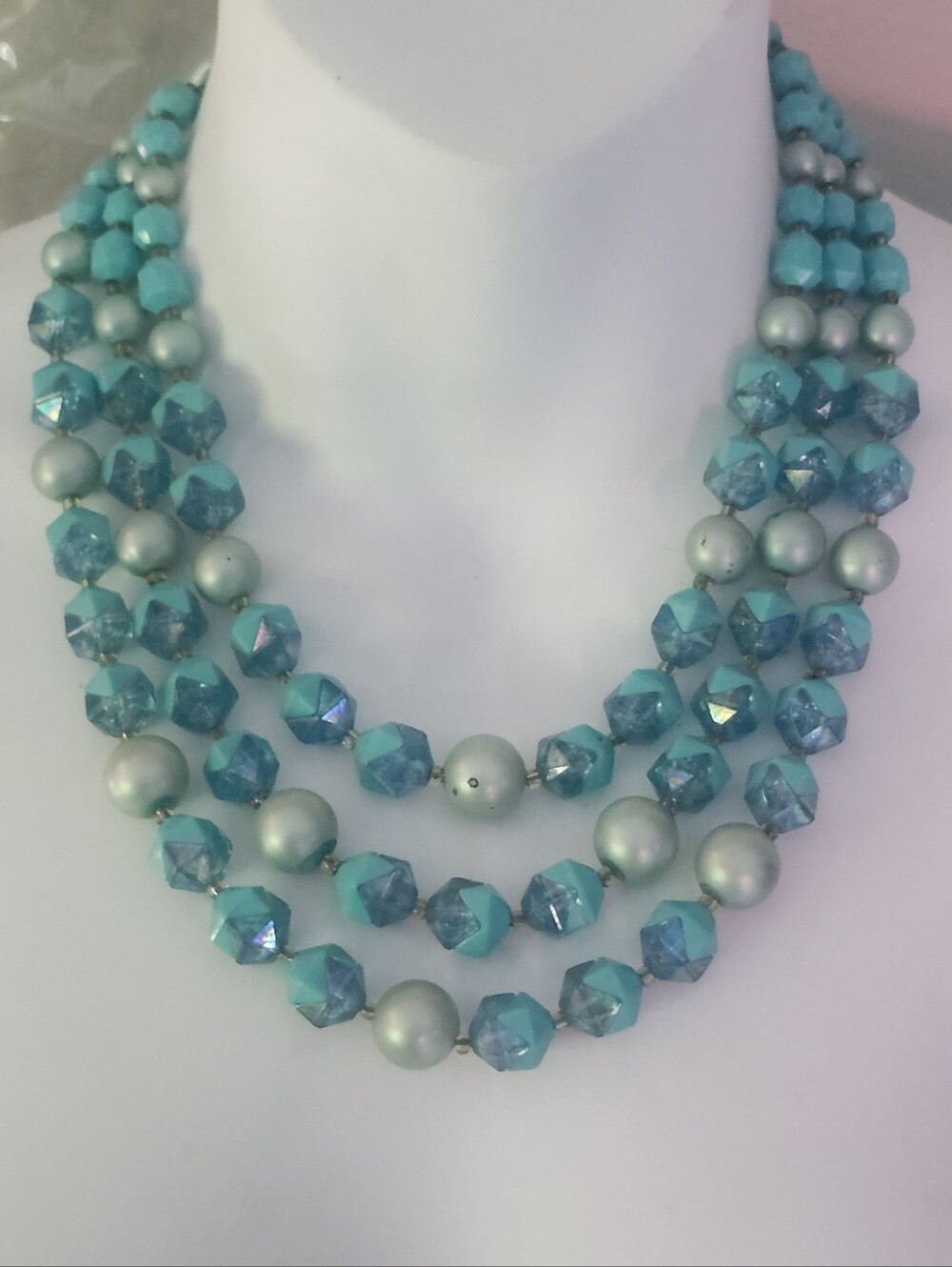Vtg Western Germany Multi-Strand Turquoise and Silver Beaded Statement Necklace